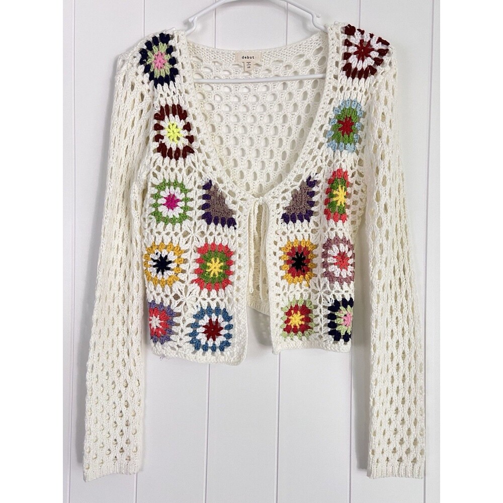 Debut White Granny Square Crochet Open Cardigan Sweater Hippie Boho Festival XS
